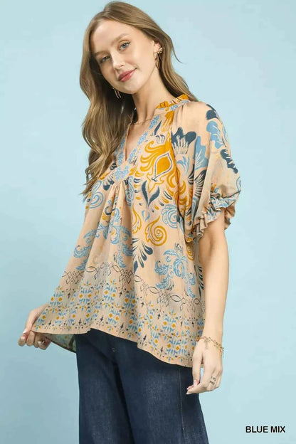 Blue Mix Embroidered Border Print Puff Sleeve Blouse by Umgee