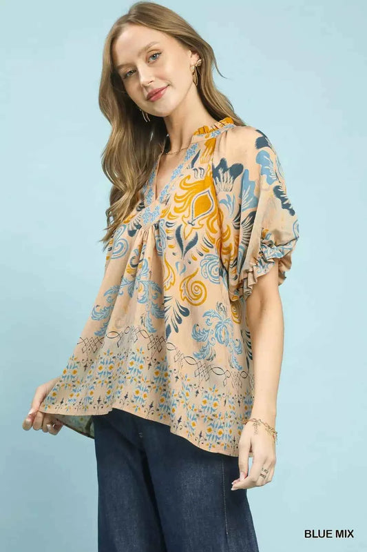Blue Mix Embroidered Border Print Puff Sleeve Blouse by Umgee