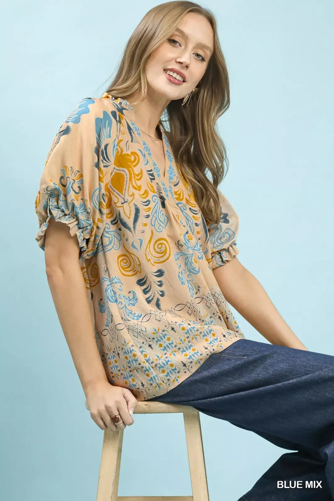 Blue Mix Embroidered Border Print Puff Sleeve Blouse by Umgee Sitting View
