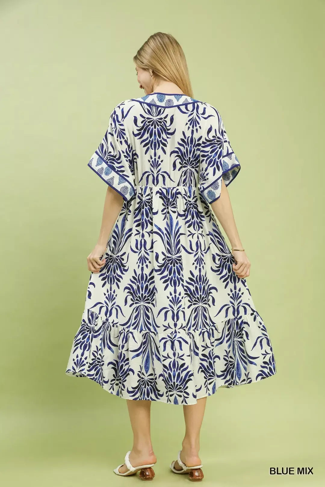 Blue Mix Floral Border Midi Dress with Pockets by Umgee Back View