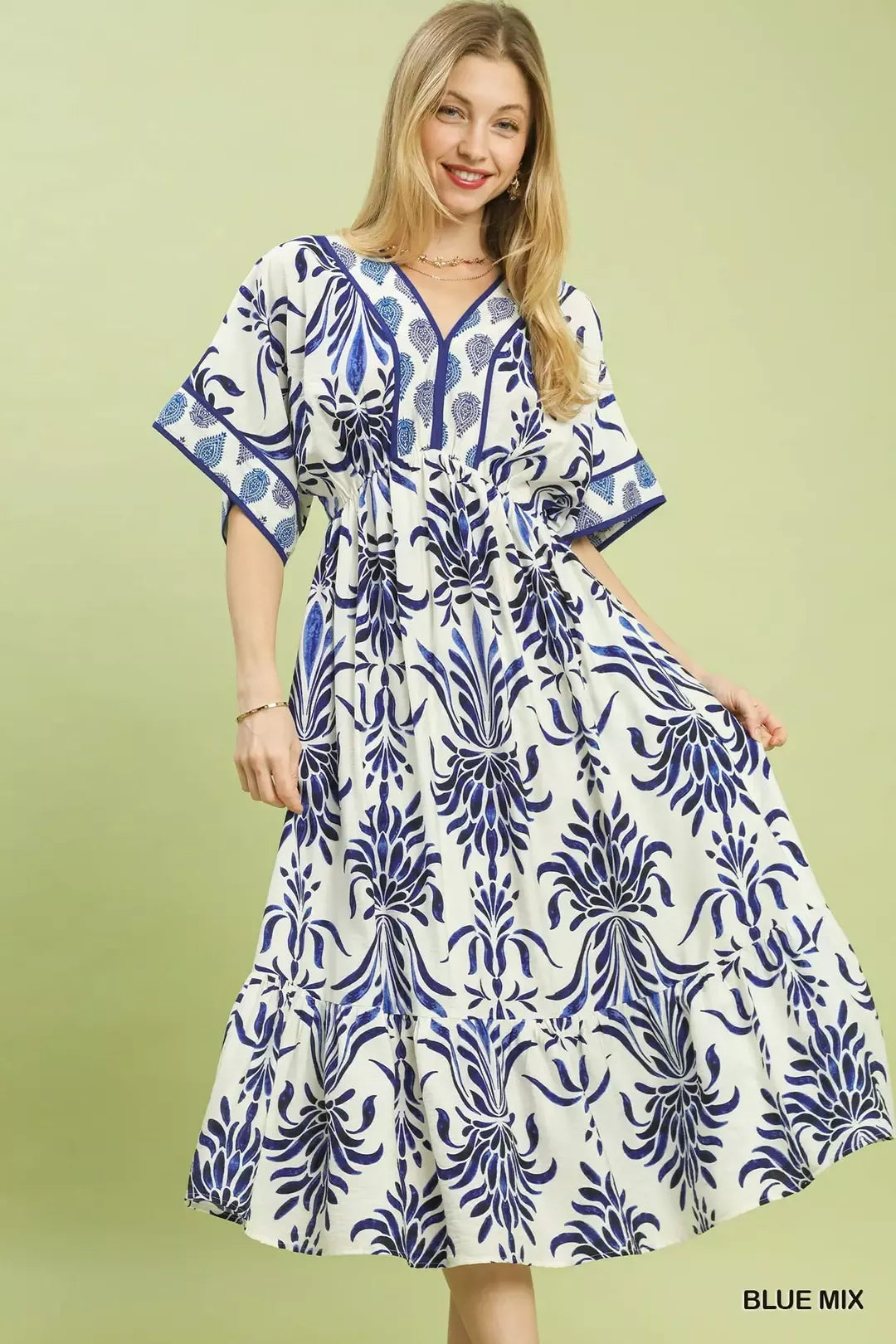 Blue Mix Floral Border Midi Dress with Pockets by Umgee Front View