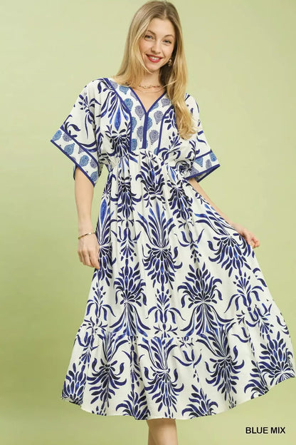 Blue Mix Floral Border Midi Dress with Pockets by Umgee Front View