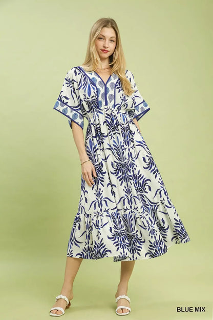 Blue Mix Floral Border Midi Dress with Pockets by Umgee full View