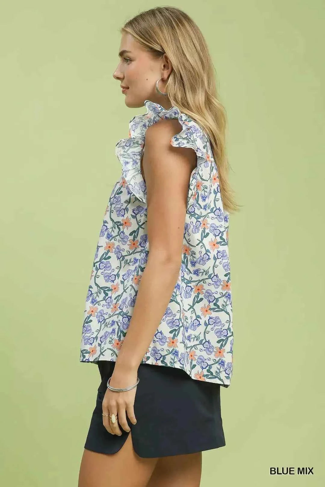 Blue Mix Floral Print Ruffle Cap Sleeve Shirt by Umgee Side View