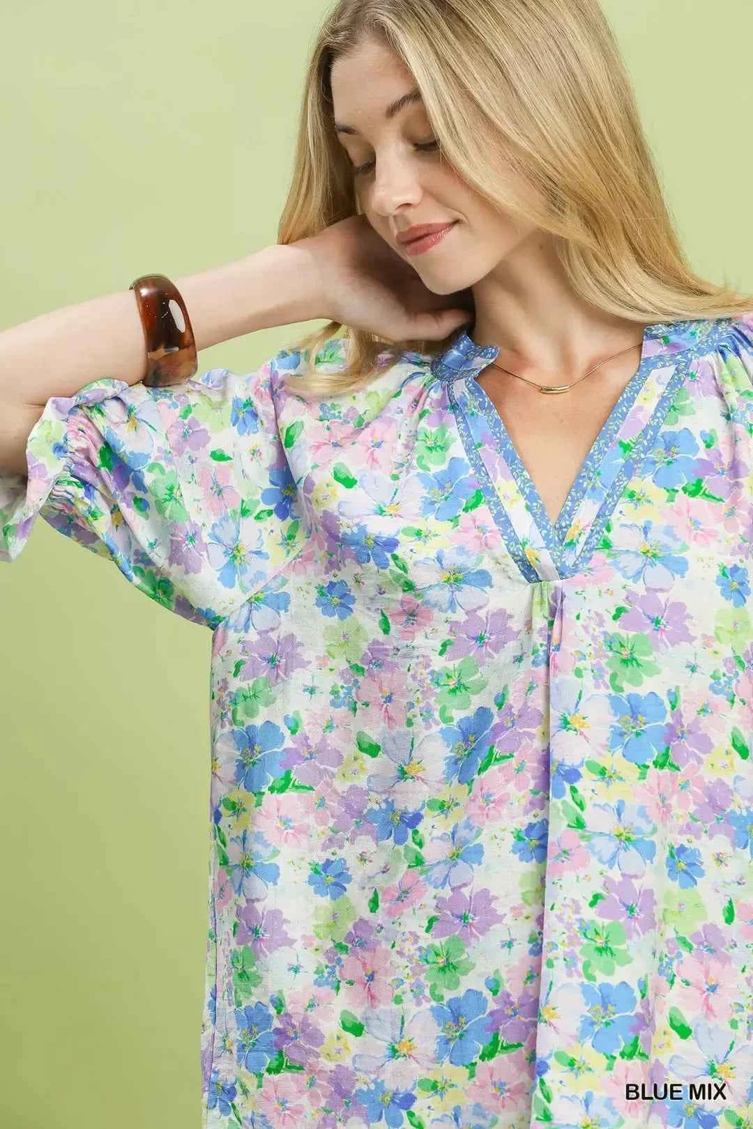 Umgee Mix Floral Print Ruffle Top Close View