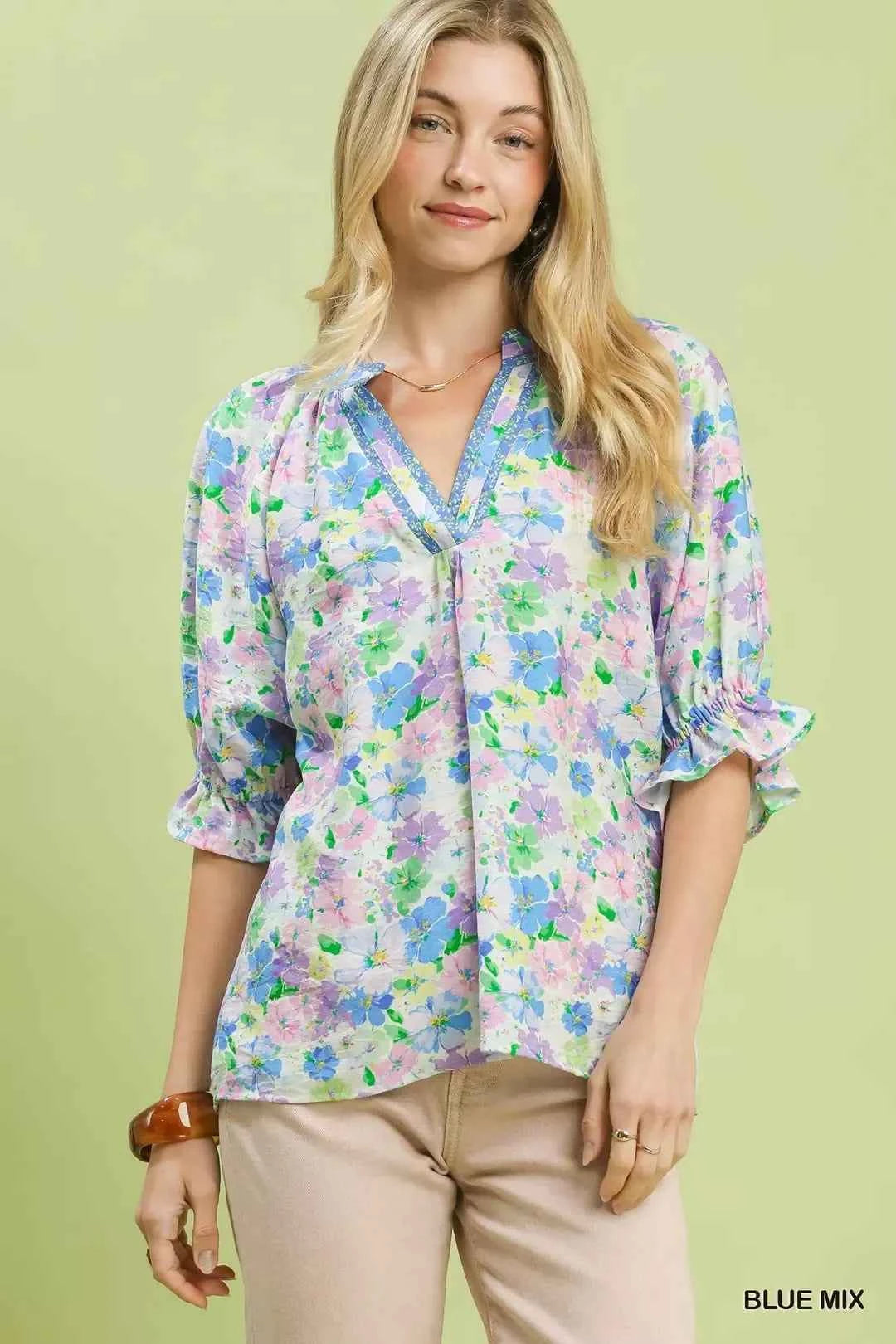 Umgee Mix Floral Print Ruffle Top Front View