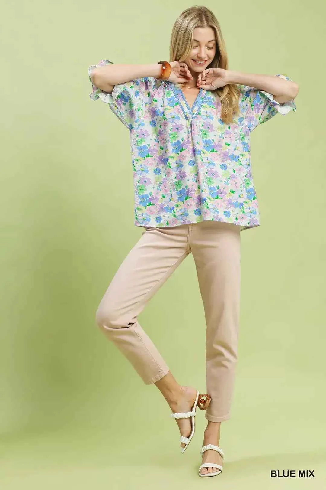 Umgee Mix Floral Print Ruffle Top Full View