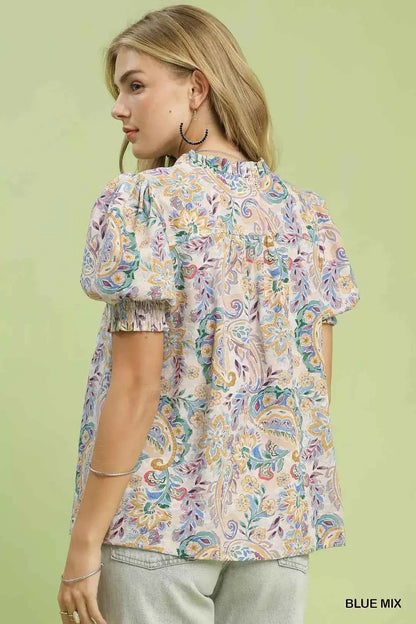 Blue Mix Paisley Floral Button Down Shirt by Umgee Back View