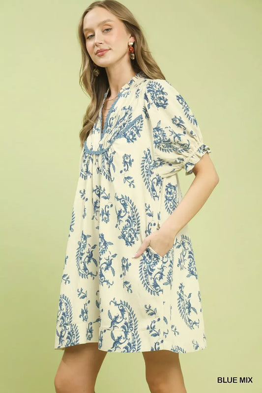 Blue Mix Paisley Scallop Trim Dress by Umgee Side View