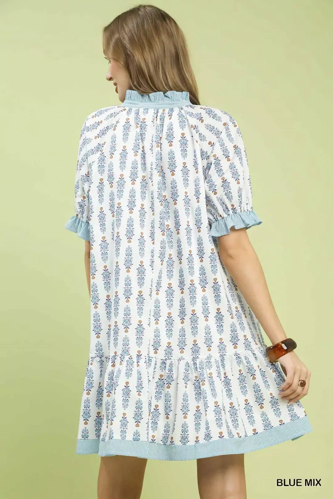 Blue Mix Striped Trim Floral Tiered Mini Dress W/ Pockets by Umgee Back View