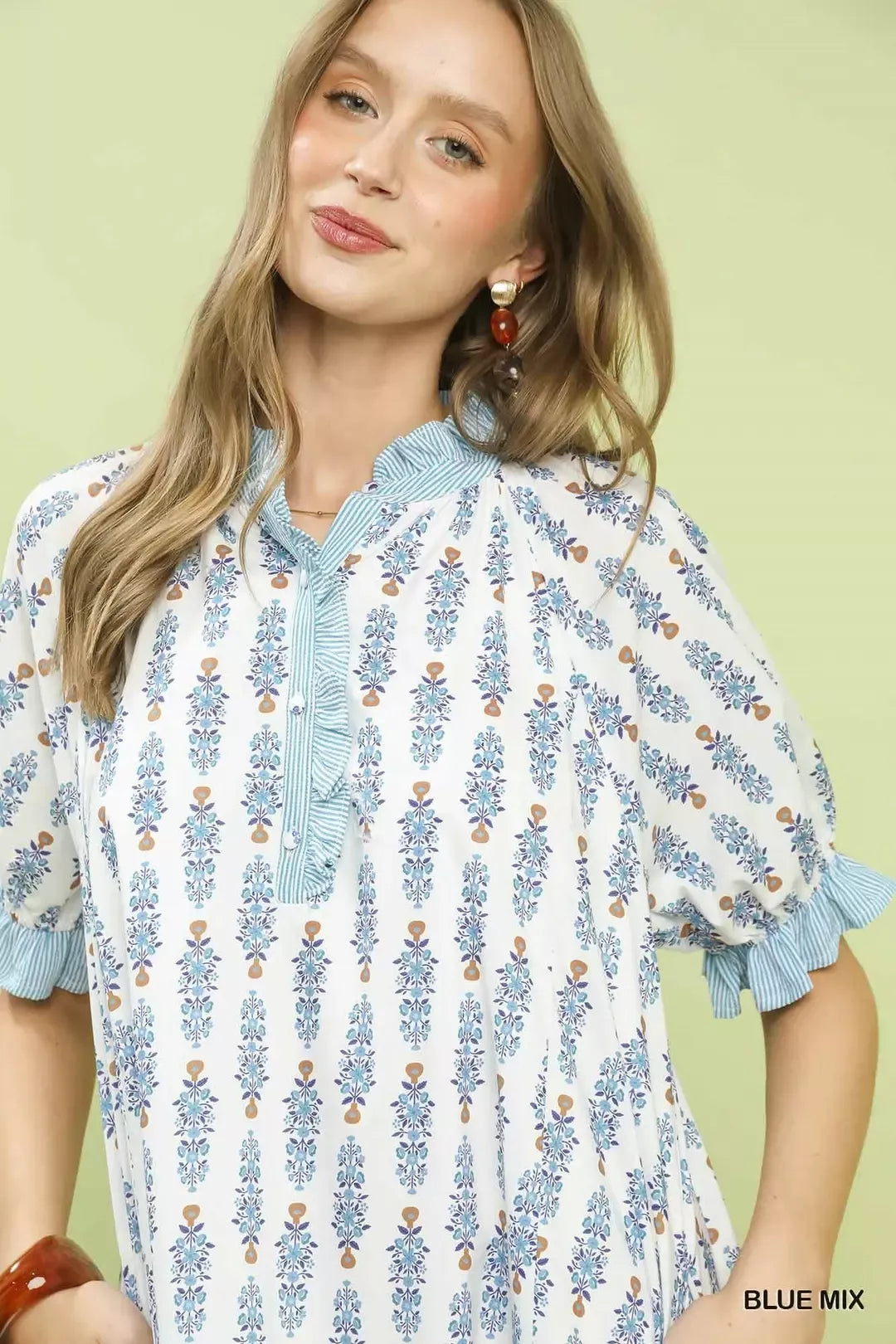 Blue Mix Striped Trim Floral Tiered Mini Dress W/ Pockets by Umgee Close View