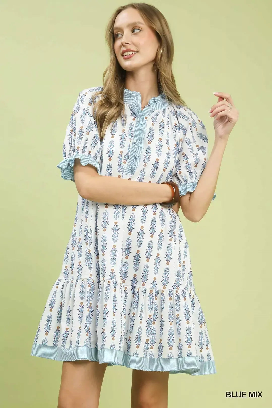 Blue Mix Striped Trim Floral Tiered Mini Dress W/ Pockets by Umgee Front View