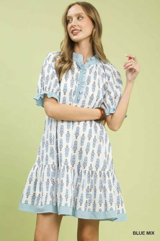 Blue Mix Striped Trim Floral Tiered Mini Dress W/ Pockets by Umgee Front View