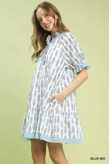 Blue Mix Striped Trim Floral Tiered Mini Dress W/ Pockets by Umgee side View