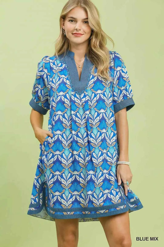 Blue Mix Tile Print Mini Dress with Pockets by Umgee Front View