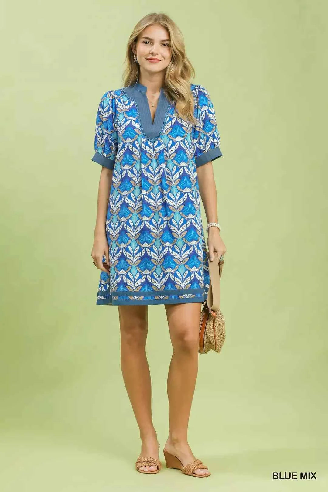 Blue Mix Tile Print Mini Dress with Pockets by Umgee full View