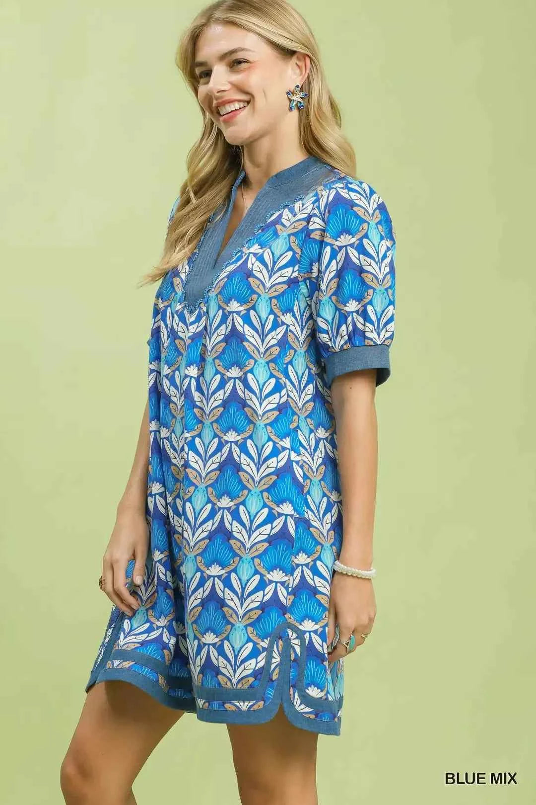 Blue Mix Tile Print Mini Dress with Pockets by Umgee Side view