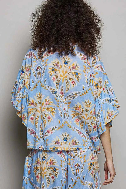 Blue Multi Floral Printed Woven Ruffle Sleeve Button Front Shirt by POL