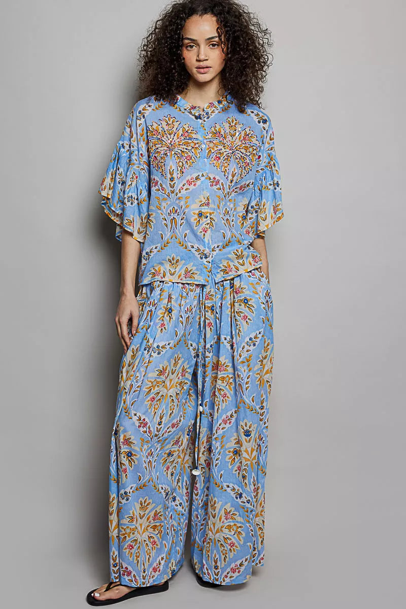 Blue Multi Floral Printed Woven Ruffle Sleeve Button Front Shirt by POL Full View