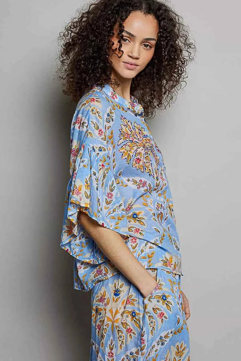 Blue Multi Floral Printed Woven Ruffle Sleeve Button Front Shirt by POL
