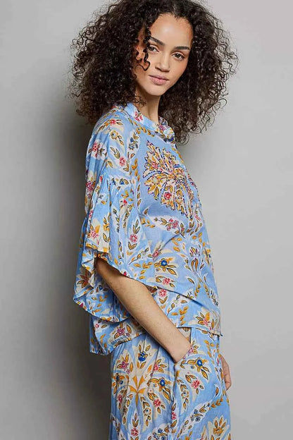 Blue Multi Floral Printed Woven Ruffle Sleeve Button Front Shirt by POL