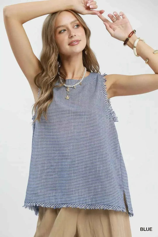 Blue Stripe Fringe Trim Sleeveless Top by Umgee
