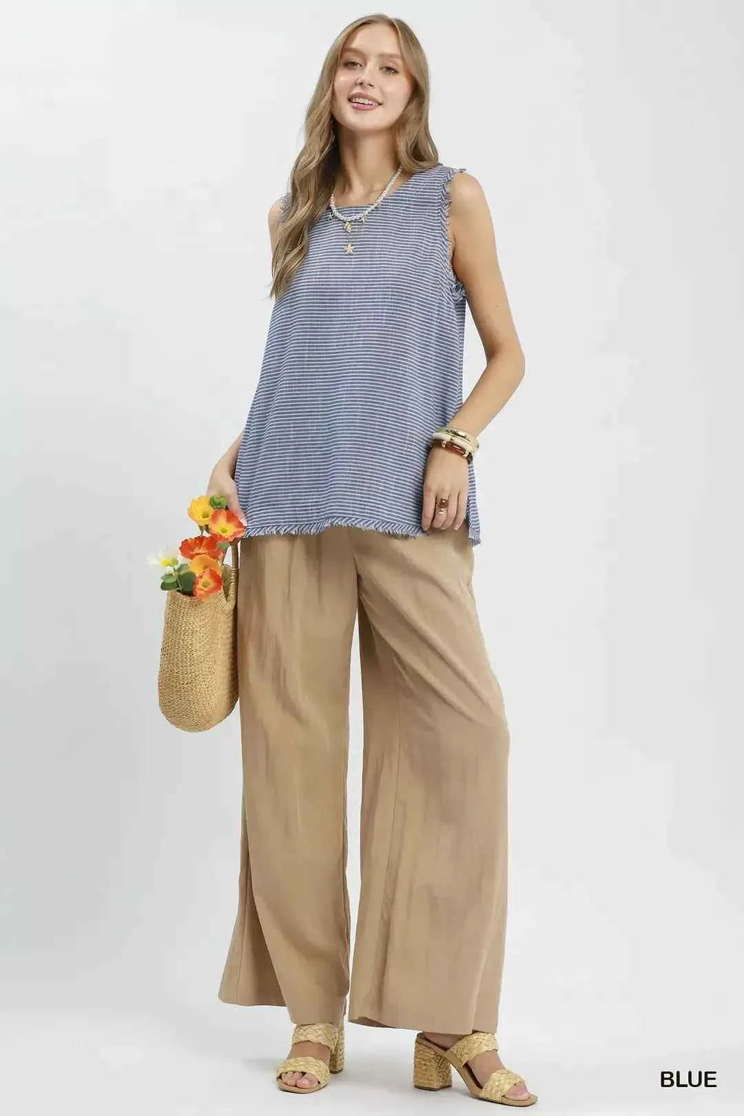 Blue Stripe Fringe Trim Sleeveless Top by Umgee
