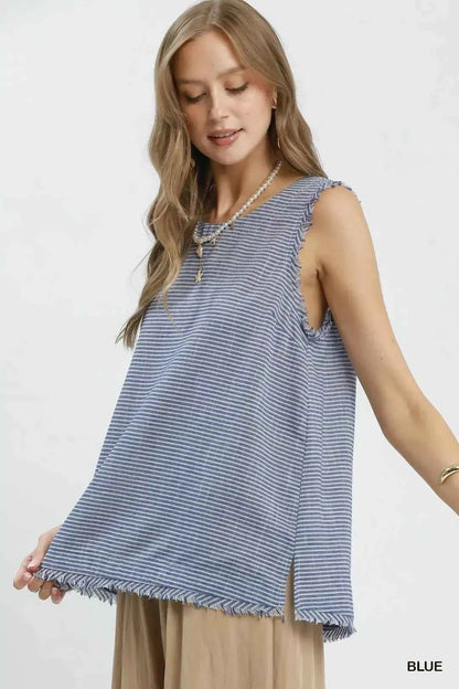 Blue Stripe Fringe Trim Sleeveless Top by Umgee
