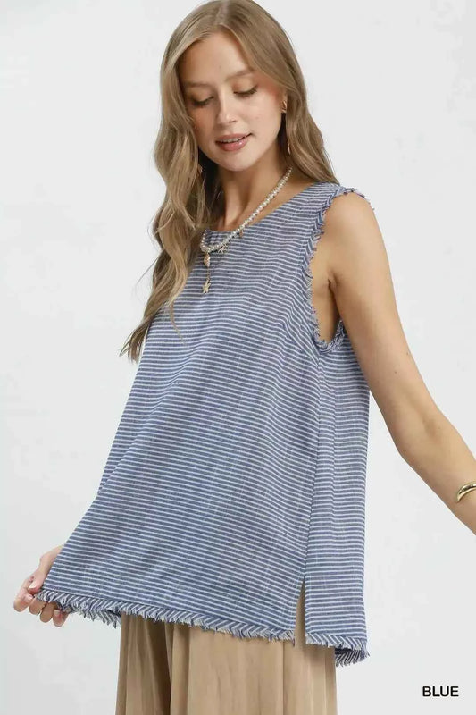 Blue Stripe Fringe Trim Sleeveless Top by Umgee