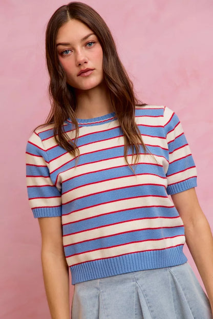 Blue Stripe Knit Crew Neck Short Sleeve Sweater Top by SO ME Front View