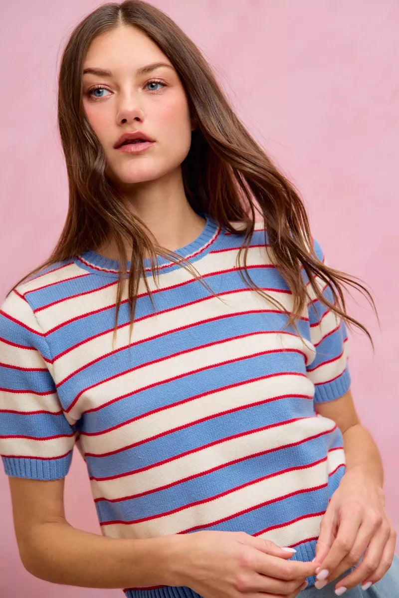 Blue Stripe Knit Crew Neck Short Sleeve Sweater Top by SO ME Front View 2