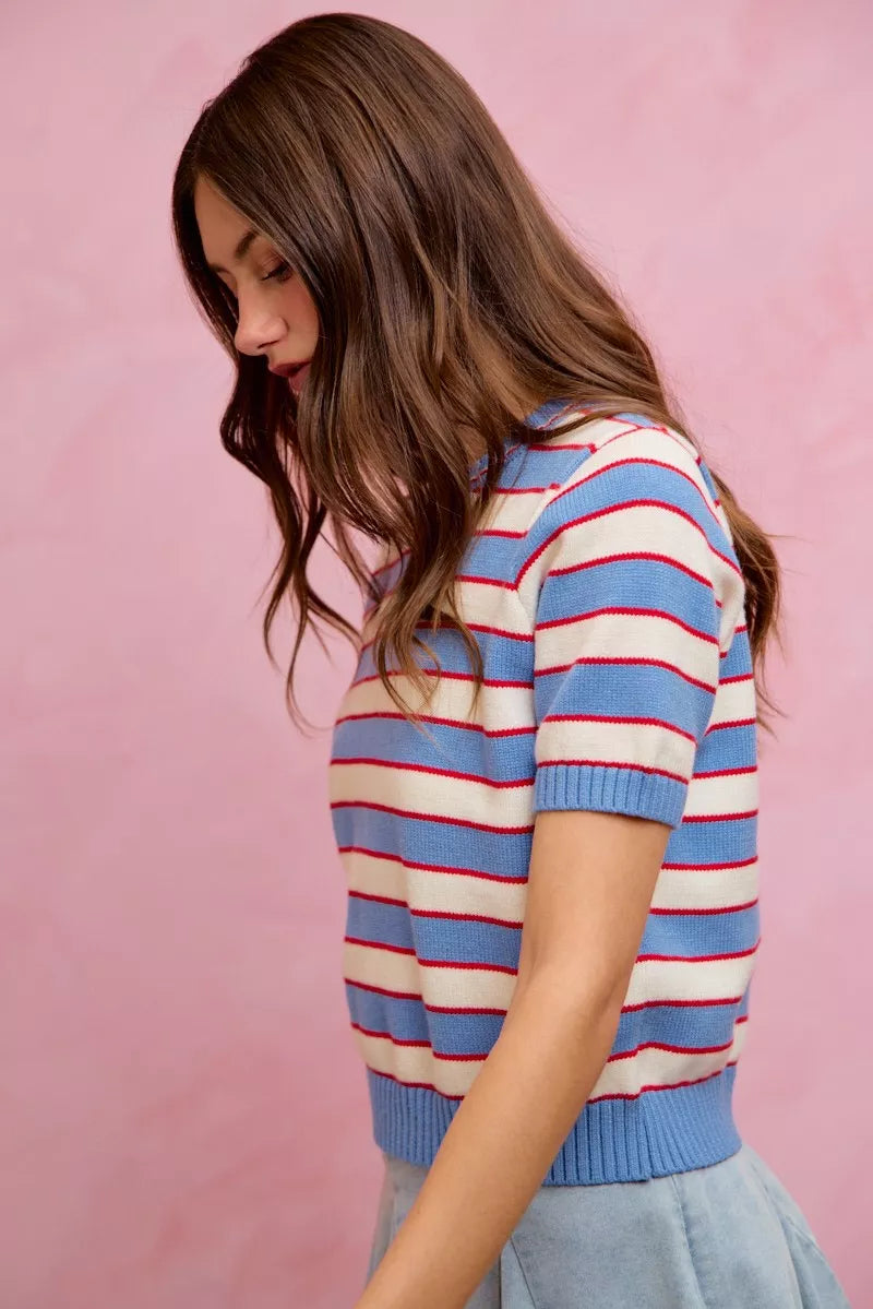 Blue Stripe Knit Crew Neck Short Sleeve Sweater Top by SO ME Side View 2