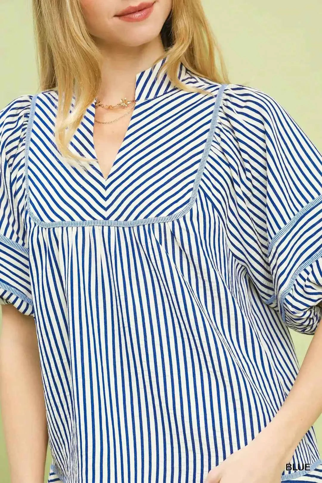 Blue Striped Puff Sleeve Babydoll Top by Umgee