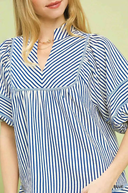Blue Striped Puff Sleeve Babydoll Top by Umgee