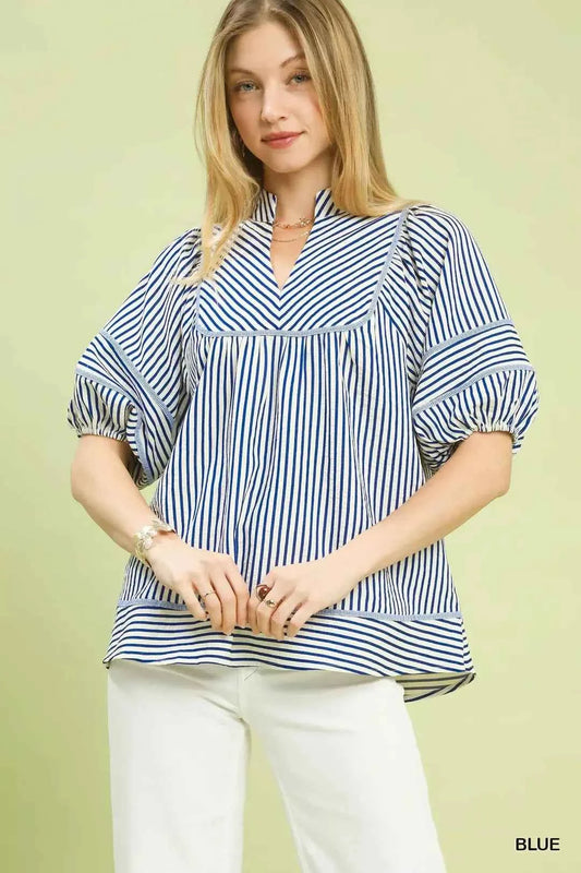 Blue Striped Puff Sleeve Babydoll Top by Umgee