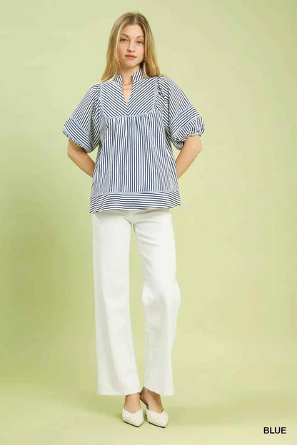 Blue Striped Puff Sleeve Babydoll Top by Umgee