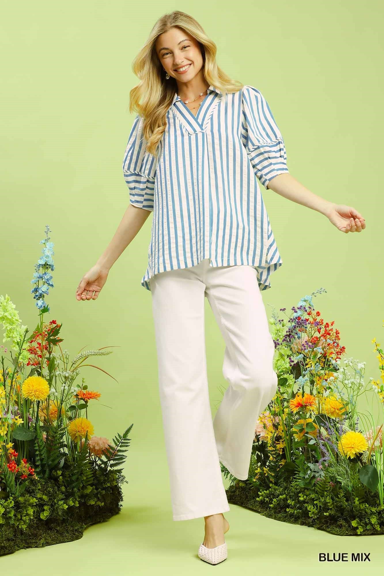 Blue Striped Puff Sleeve Blouse by Umgee Front View