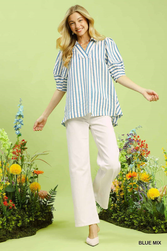 Blue Striped Puff Sleeve Blouse by Umgee Front View