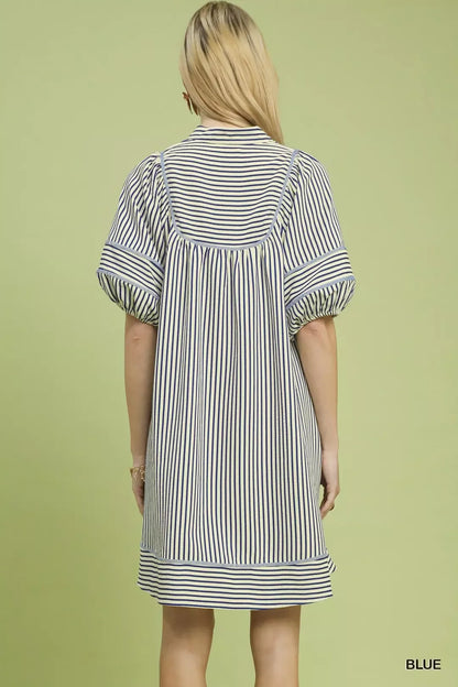 Blue Striped Puff Sleeve Shift Dress with Pockets by Umgee Back View