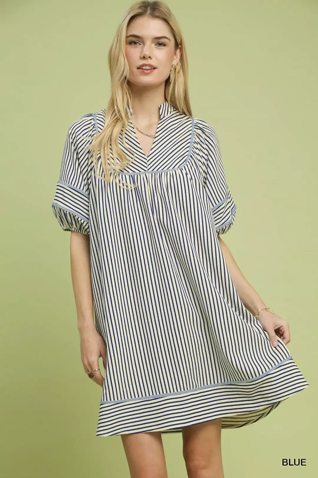 Blue Striped Puff Sleeve Shift Dress with Pockets by Umgee Front View