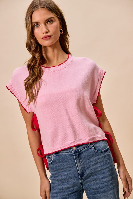 Blush Lightweight Sweater Dolman Side Red Ribbon Tie Top by So Me Front view