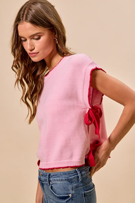 Blush Lightweight Sweater Dolman Side Red Ribbon Tie Top by So Me Side View