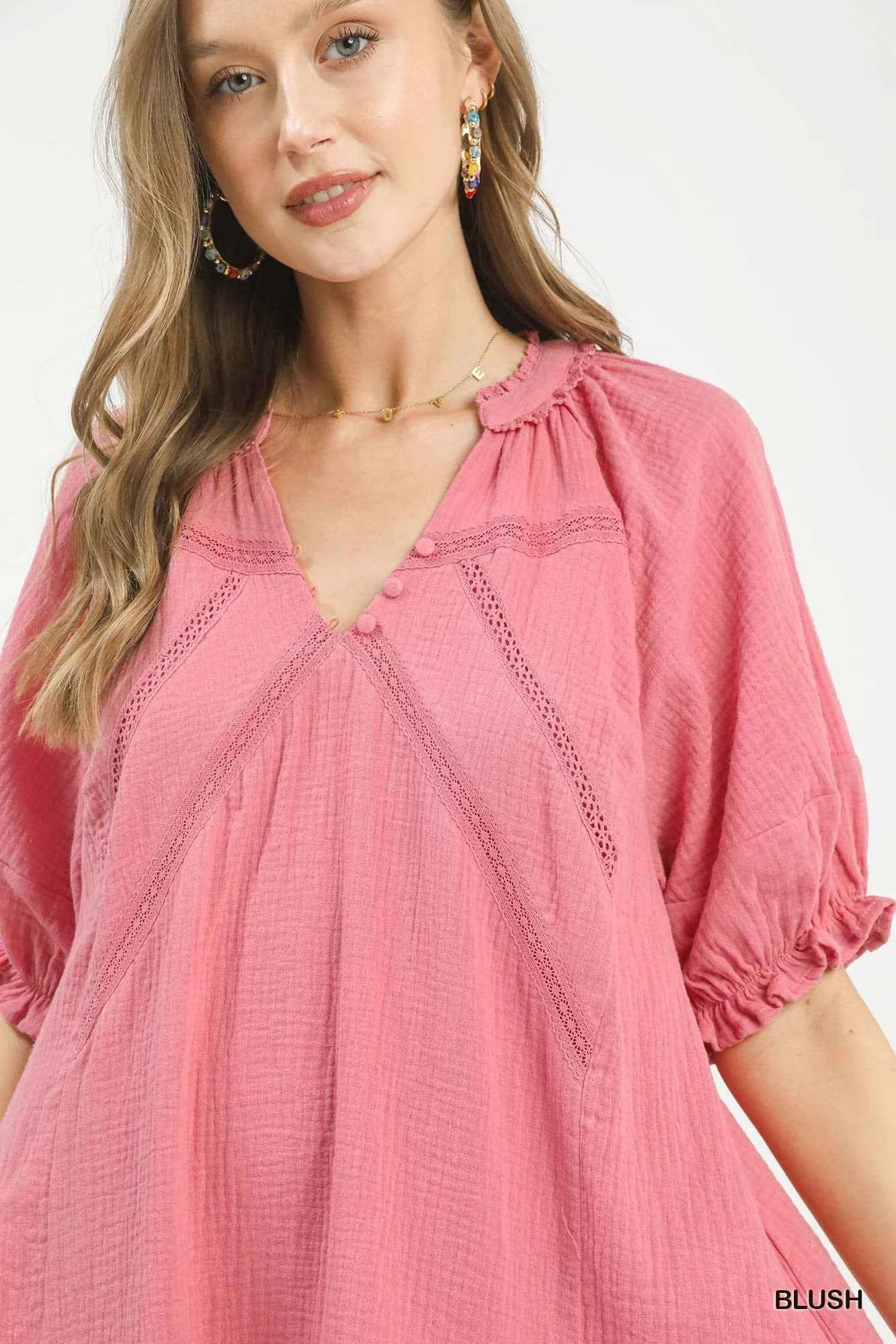 Blush Pink Cotton Gauze Mini Dress w/ Pockets by Umgee