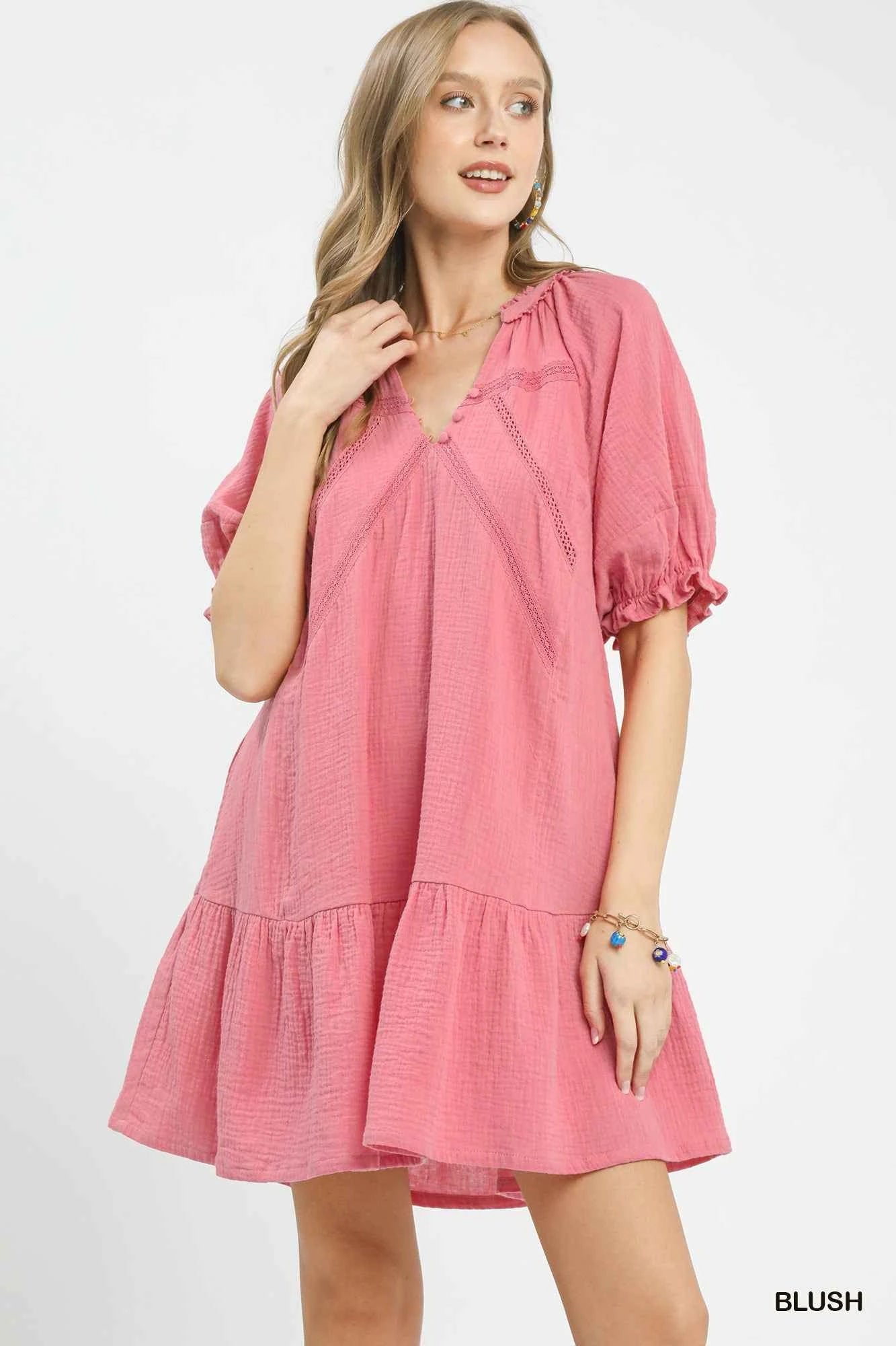 Blush Pink Cotton Gauze Mini Dress w/ Pockets by Umgee