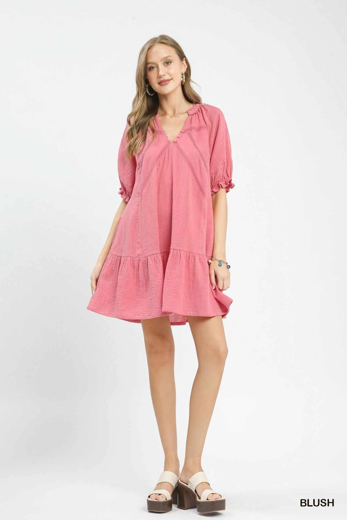 Blush Pink Cotton Gauze Mini Dress w/ Pockets by Umgee