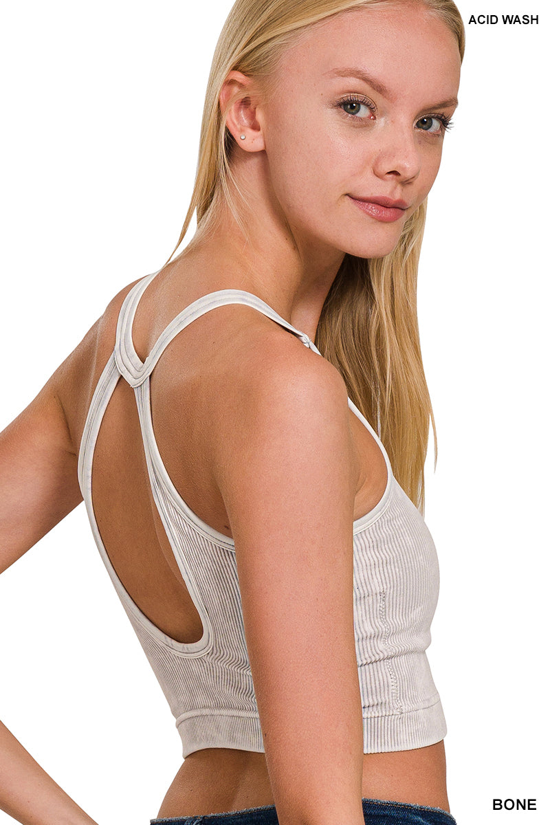 Bone Washed Ribbed Seamless Button V-neck Tank Top by Zenana Back View