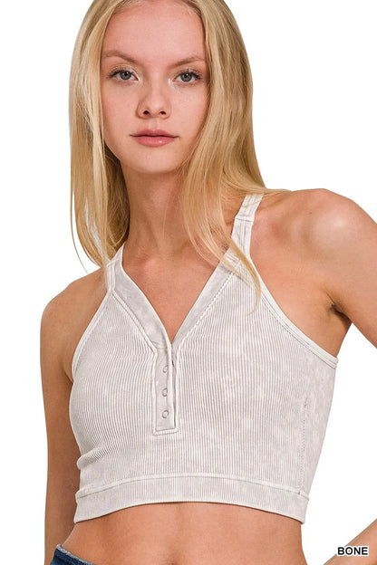 Bone Washed Ribbed Seamless Button V-neck Tank Top by Zenana Front View