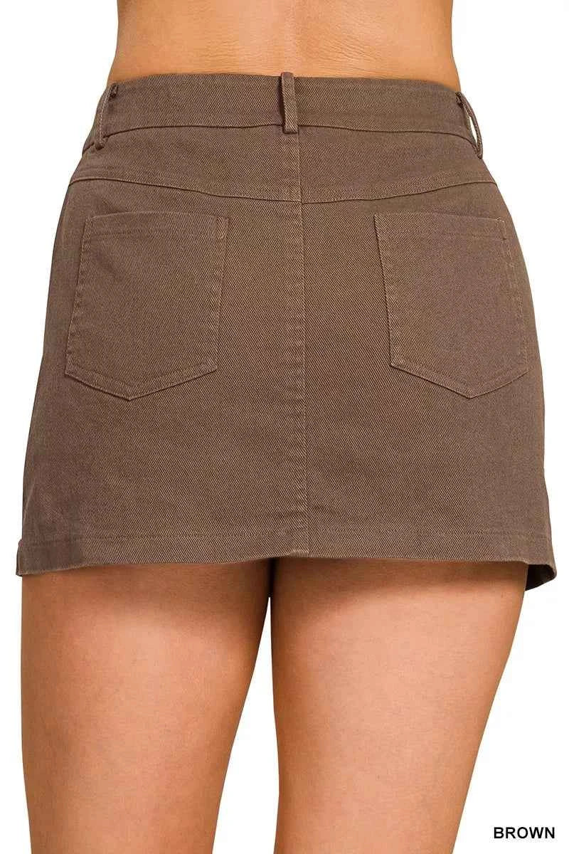 Brown Cotton Twill Lined Mini Skirt with Pockets by Zenana