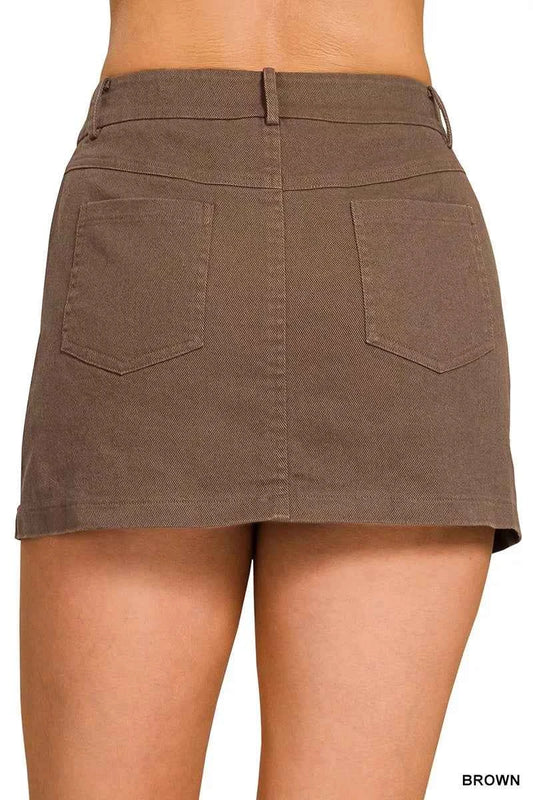 Brown Cotton Twill Lined Mini Skirt with Pockets by Zenana