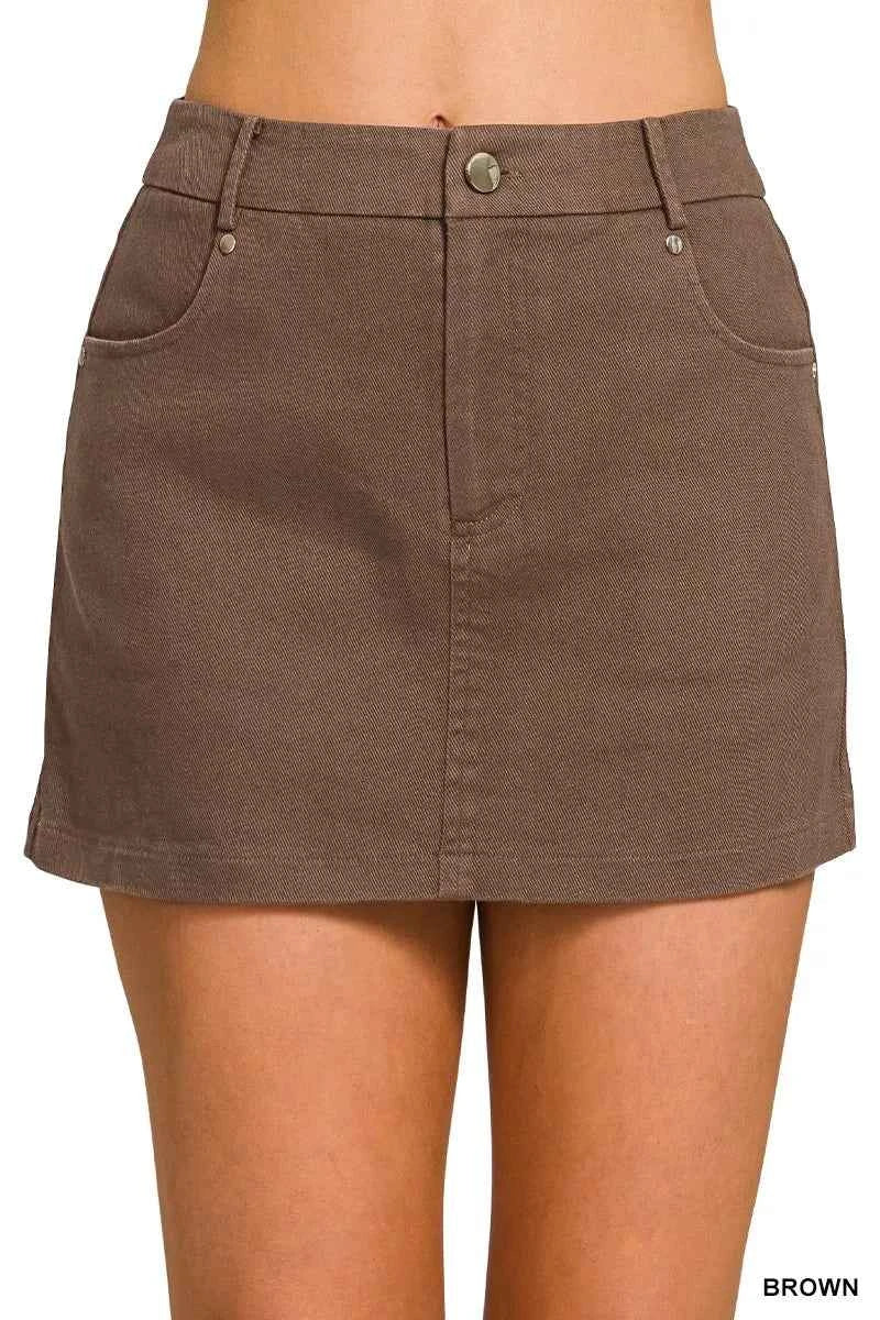 Brown Cotton Twill Lined Mini Skirt with Pockets by Zenana